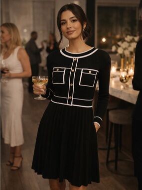 Pleated Preppy Knit Dress Black Small Chic Cardigan Set Cocktail Event Parisian